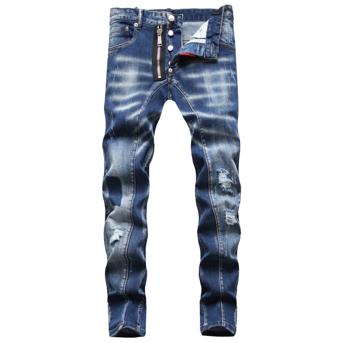 Distressed Zip-Embellished Slim Fit Men's Jeans