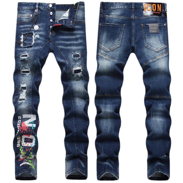 Patchwork Elastic Skinny Digital Print Jeans with Chains