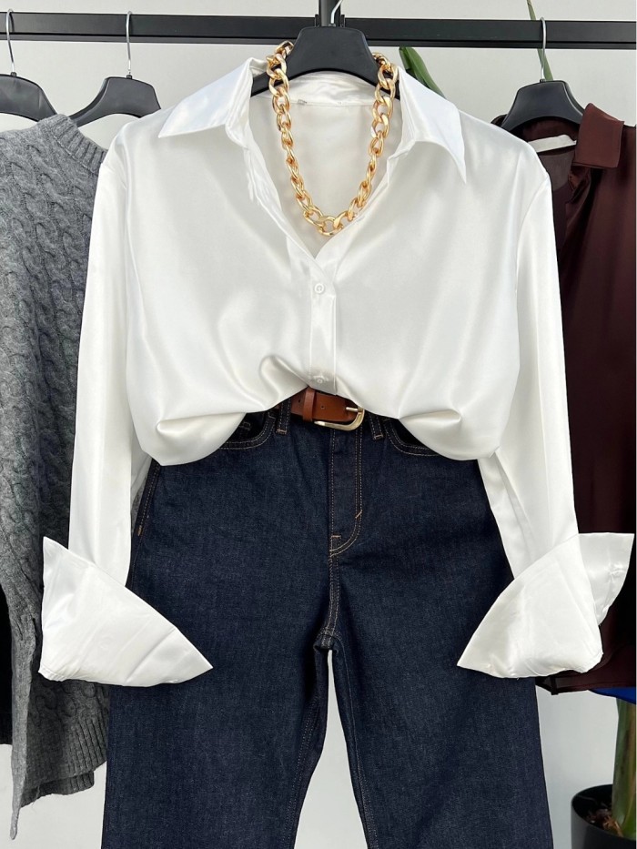 Elegant Slim-Fit Satin Button-Up Shirt for Women
