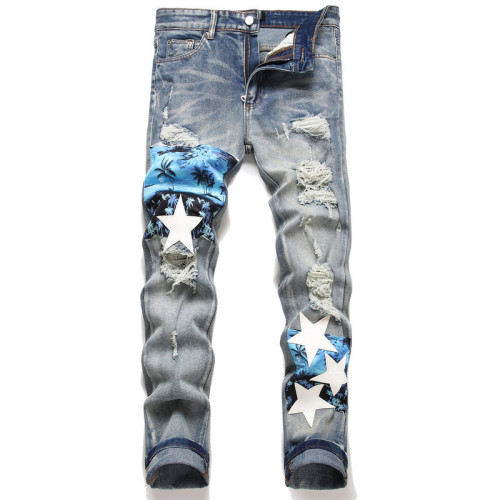 Starry Ripped Design Vintage Blue Jeans for Men