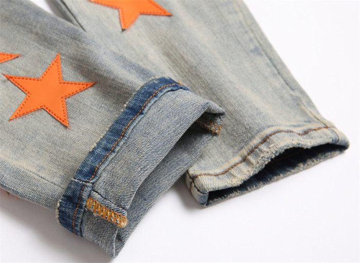 Stylish Embroidered Five-pointed Star Cat Whisker Distressed Jeans for Men