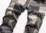 Green Plaid Pattern Slim Fit Elastic Printed Jeans for Men