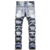 Men's Distressed Painted Embroidered Patch Stretch Skinny Jeans