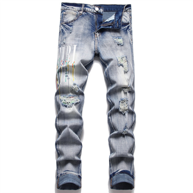 Men's Distressed Painted Embroidered Patch Stretch Skinny Jeans