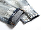 Distressed Details Trendy Printed Elastic Slim Fit Jeans for Men