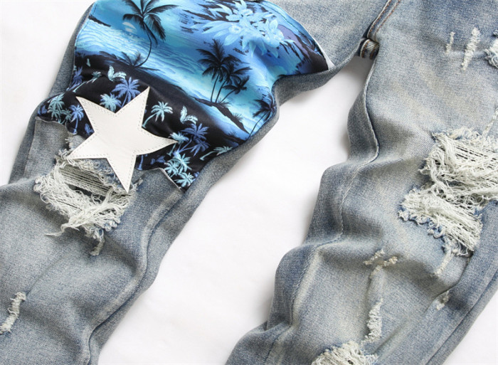 Starry Ripped Design Vintage Blue Jeans for Men
