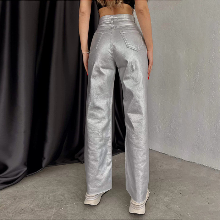 Loose Wide Leg Retro Straight Gold and Silver Color Pants for Women