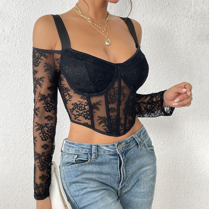 Lace Long Sleeve Off-Shoulder Corset with Diamond-Shaped Sheer Sexy Top