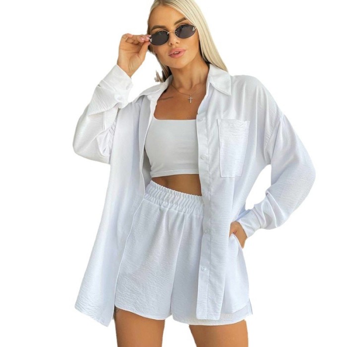 Women's Long Sleeved Shirt Shorts Solid Color Elastic Waist Loose Two-piece Set