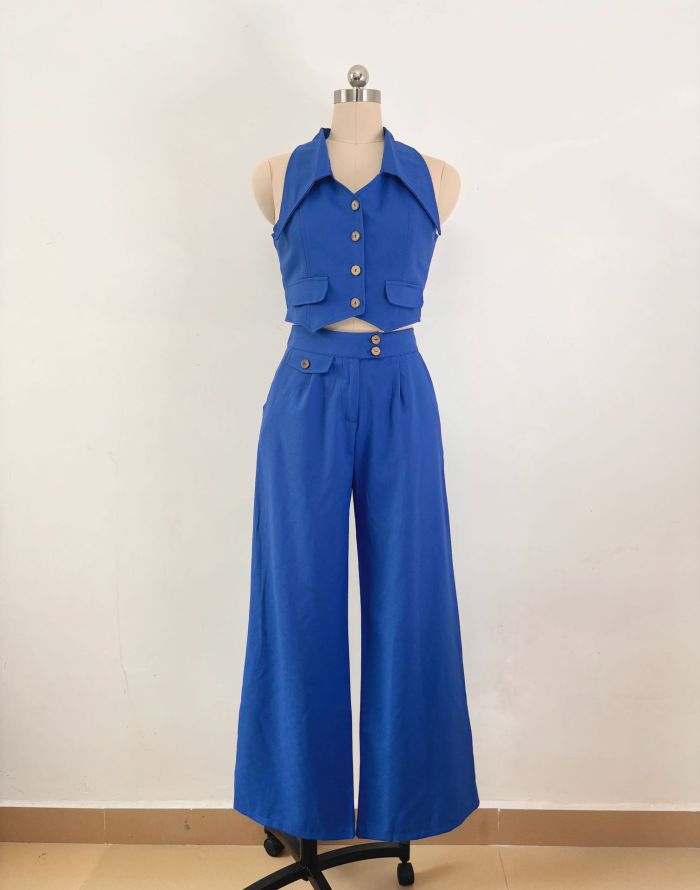 Sleeveless short vest top with loose solid color trousers two-piece set
