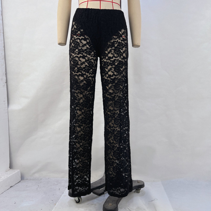 Lace Perspective High Waist Spliced Long Straight Pants for Women
