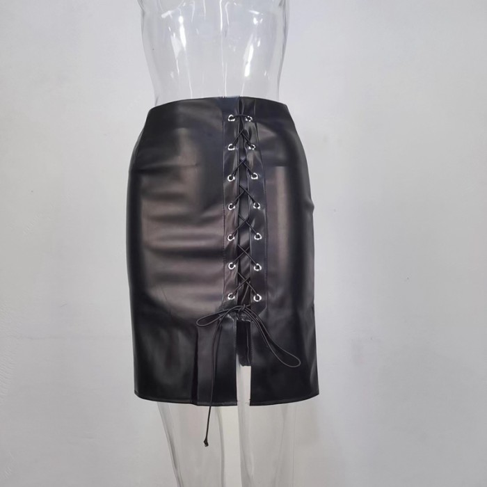 Women Lace-Up High Waisted Bodycon Split Skirt