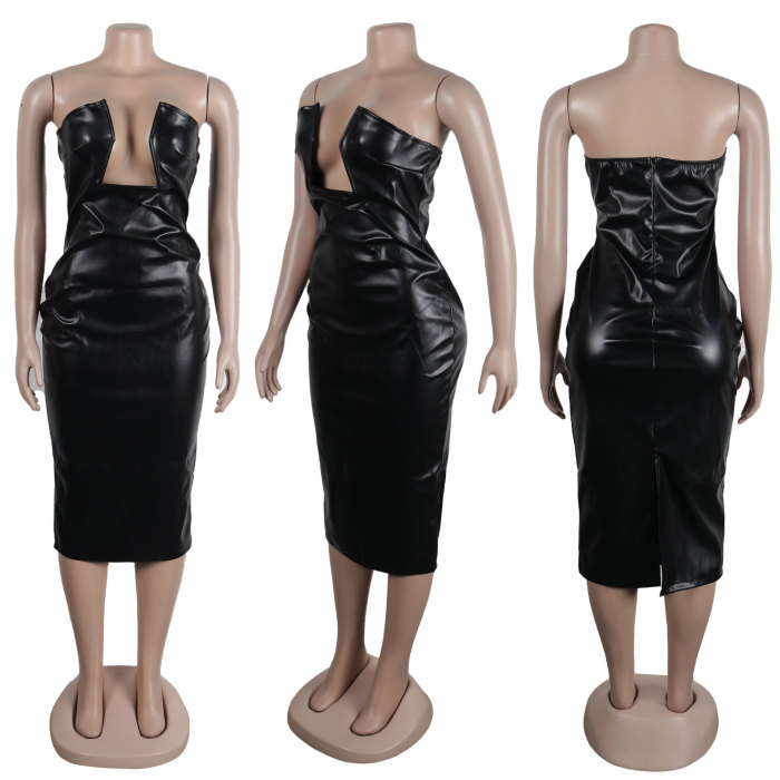 Sexy Tight Fitting Stretch Hollow Back Slit Leather Strapless Bodycon Dress
