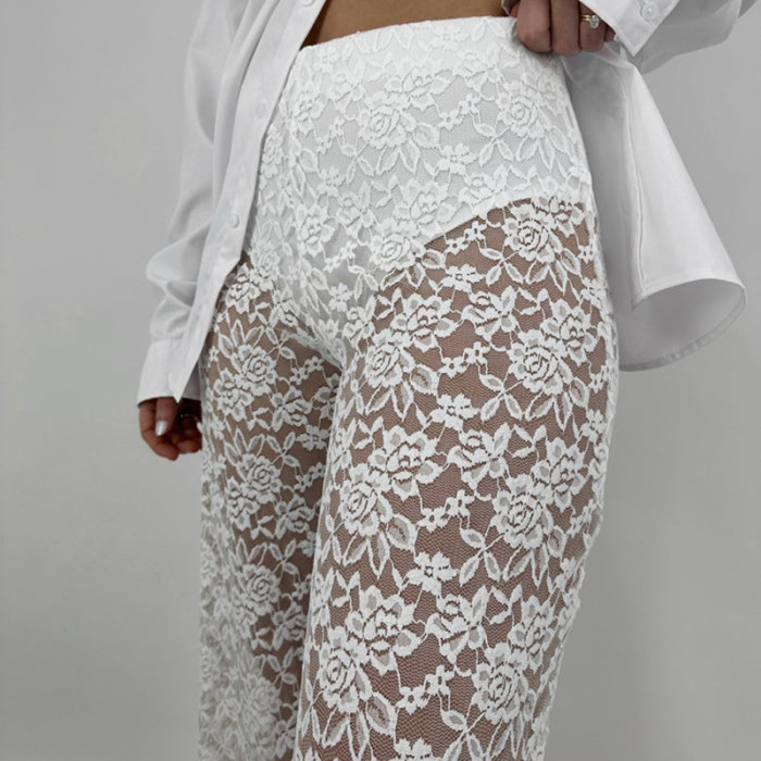 Lace Perspective High Waist Spliced Long Straight Pants for Women
