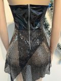 Sexy Sequin Mesh Sheer Irregular Hem Split Strapless Mini Skirt