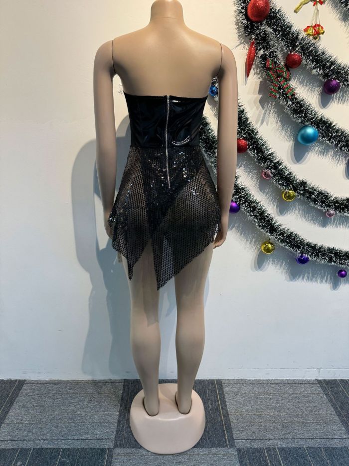 Sexy Sequin Mesh Sheer Irregular Hem Split Strapless Mini Skirt