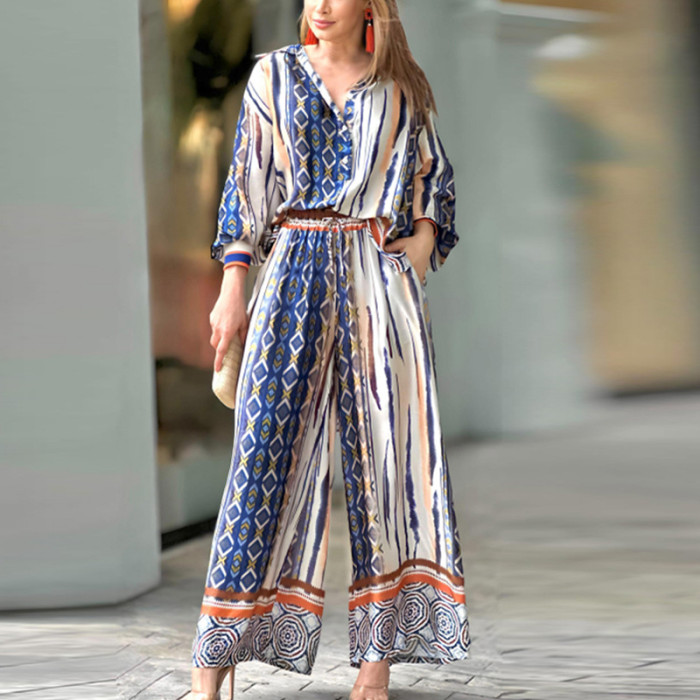 Printed Lapel Long-sleeve Top and straight Leg trousers set