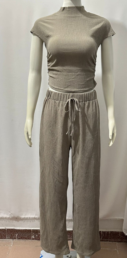 Chic Casual Knit Set with Textured Half High Neck Short Sleeve T-Shirt and Drawstring High Waist Long Pants