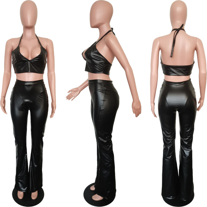 Black Color Suspender Elastic Leather Slim Fit Two-piece Set