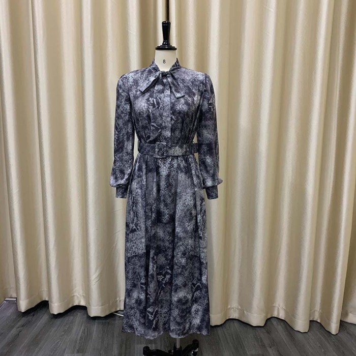 Women Spring Long Sleeve High Waist Printed With Belt Dress