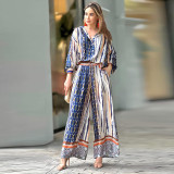 Printed Lapel Long-sleeve Top and straight Leg trousers set
