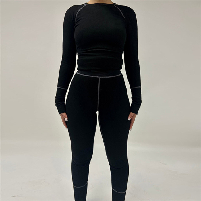 Casual Long-sleeved Top with High-waisted Slim-fit Trousers Set