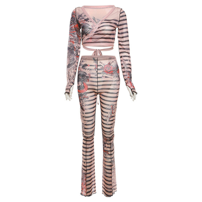 Sexy Mesh Printed Strapless Top With High-waisted Skinny Pants Suit