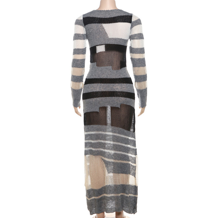 Color-blocked Hollow-out Slim-fit Knitted Dress