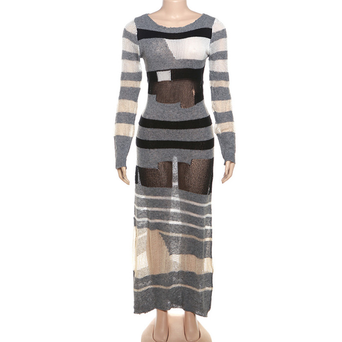 Color-blocked Hollow-out Slim-fit Knitted Dress