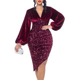 V-neck Velvet Sequin Buttocks Wrapped Formal Dress