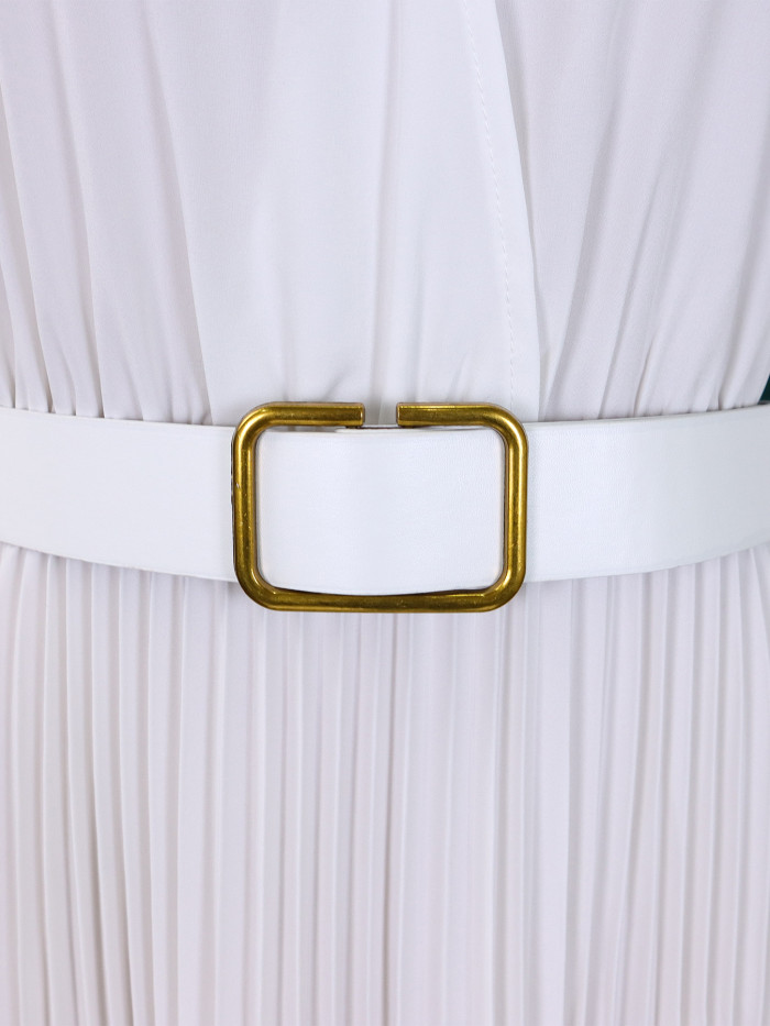 Solid V-neck Pleated Elegant Midi Dress