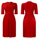 Chic Solid Color Button Pleateddress