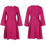 Women Long Sleeve Round Neck Dress With Belt