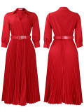 Solid V-neck Pleated Elegant Midi Dress