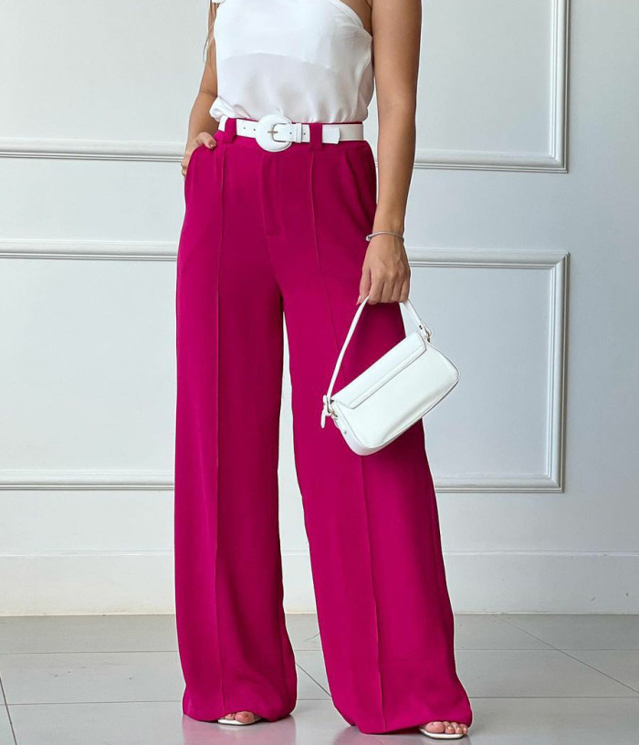 Women Casual Thin Solid Loose Pleated Wide Leg Pants