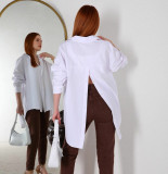 Women Solid Style Long Sleeve Back Slit Loose Shirt