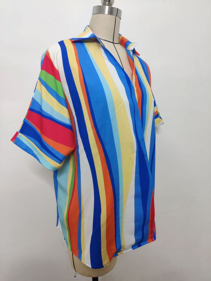 Short-Sleeved Shirt Women's Striped Printed V-Neck Pullover Loose Top