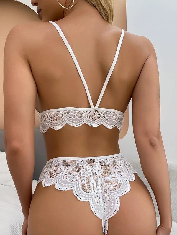 Lace Trimmed Three-Piece Hollow Out Sexy Two-Piece Set