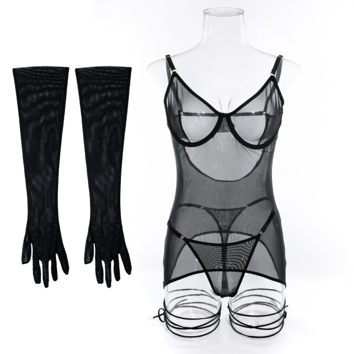 Sexy Lace Lingerie with Gloves Pajamas Gathered Steel Ring Erotic Set