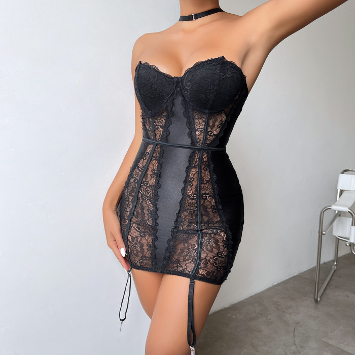 Lace Splice Sexy Bodysuit Gathered Wrapped Chest Halter Erotic Lingerie