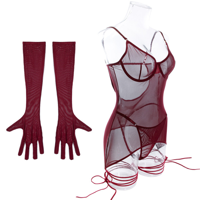 Sexy Lace Lingerie with Gloves Pajamas Gathered Steel Ring Erotic Set