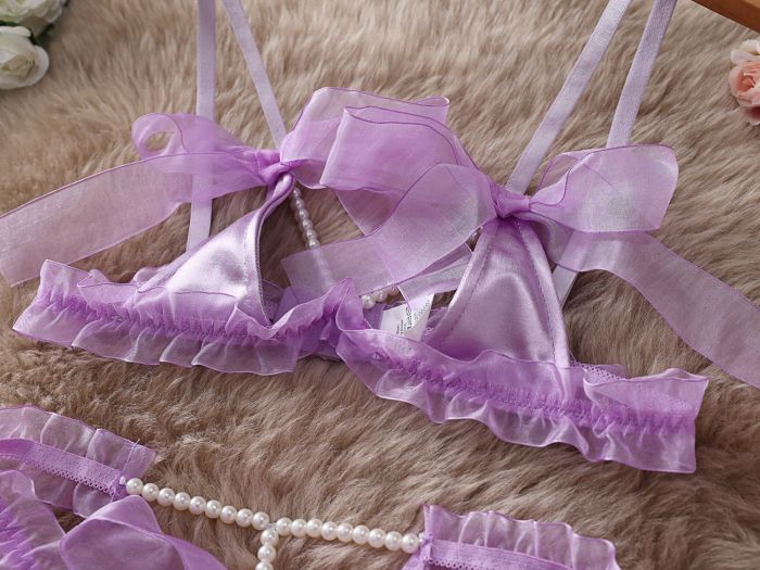 Mesh Transparent Erotic Lingerie Pearl Butterfly Bow Bra Set