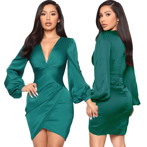 Solid Color Nightclub Women's V-Neck Dress