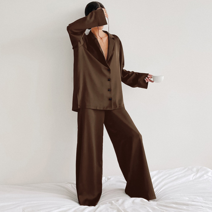 Homewear Long Sleeve Loose Shirt Thin Trousers Two Piece Pajamas Women Set