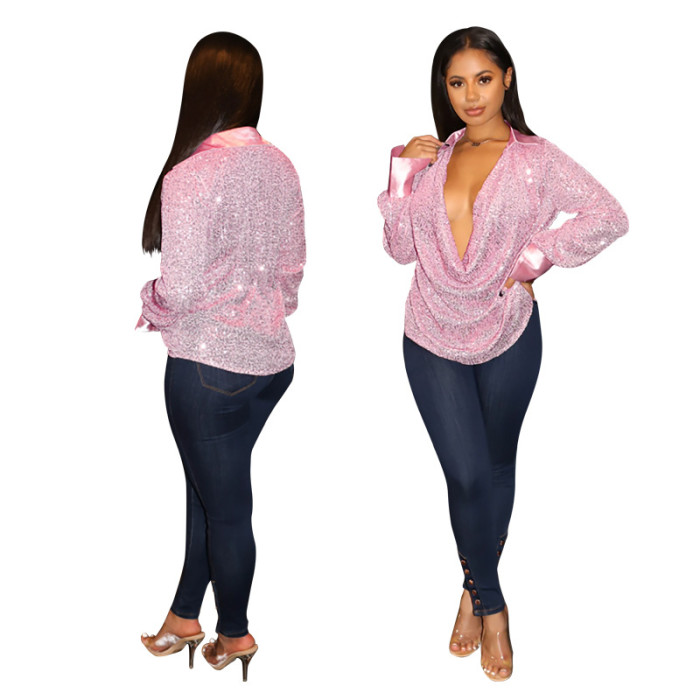 Women's Deep V Pleated Loose Ladies Chic Sequin Long Sleeve Shirt