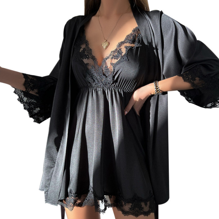 Lace and Satin Babydoll and Robe Set