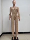 Casual Long Sleeve Belt Sequin Jumpsuit Women's Clothing