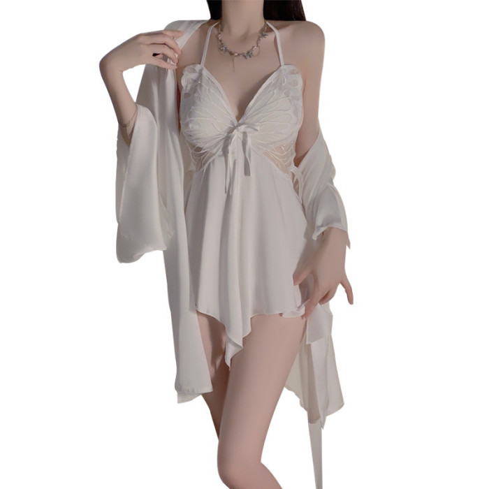 Butterfly Design Lace Satin Sexy Babydoll Robe