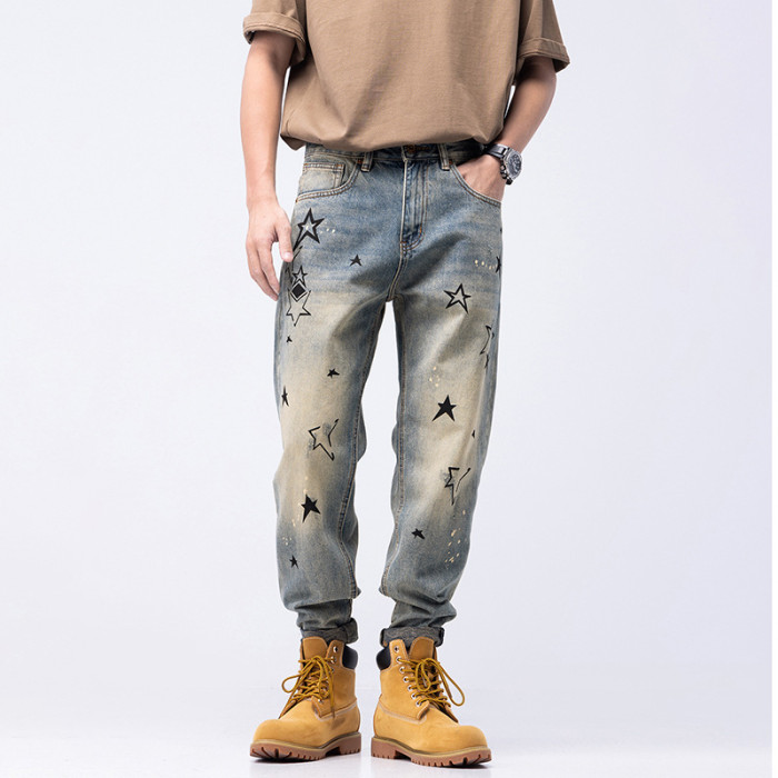 Mens Jeans Denim Pants Stonewashed Five Pointed Star Pattern Streetwear Hip-Hop