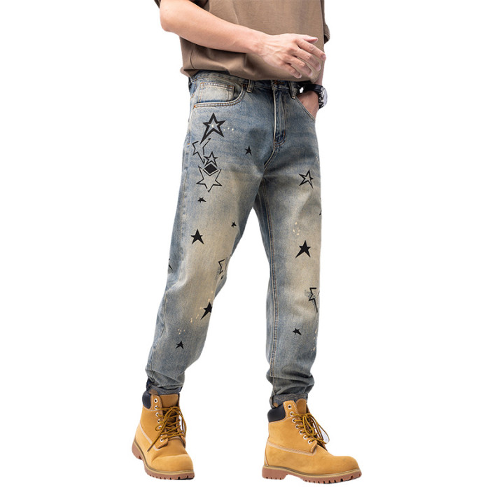 Mens Jeans Denim Pants Stonewashed Five Pointed Star Pattern Streetwear Hip-Hop